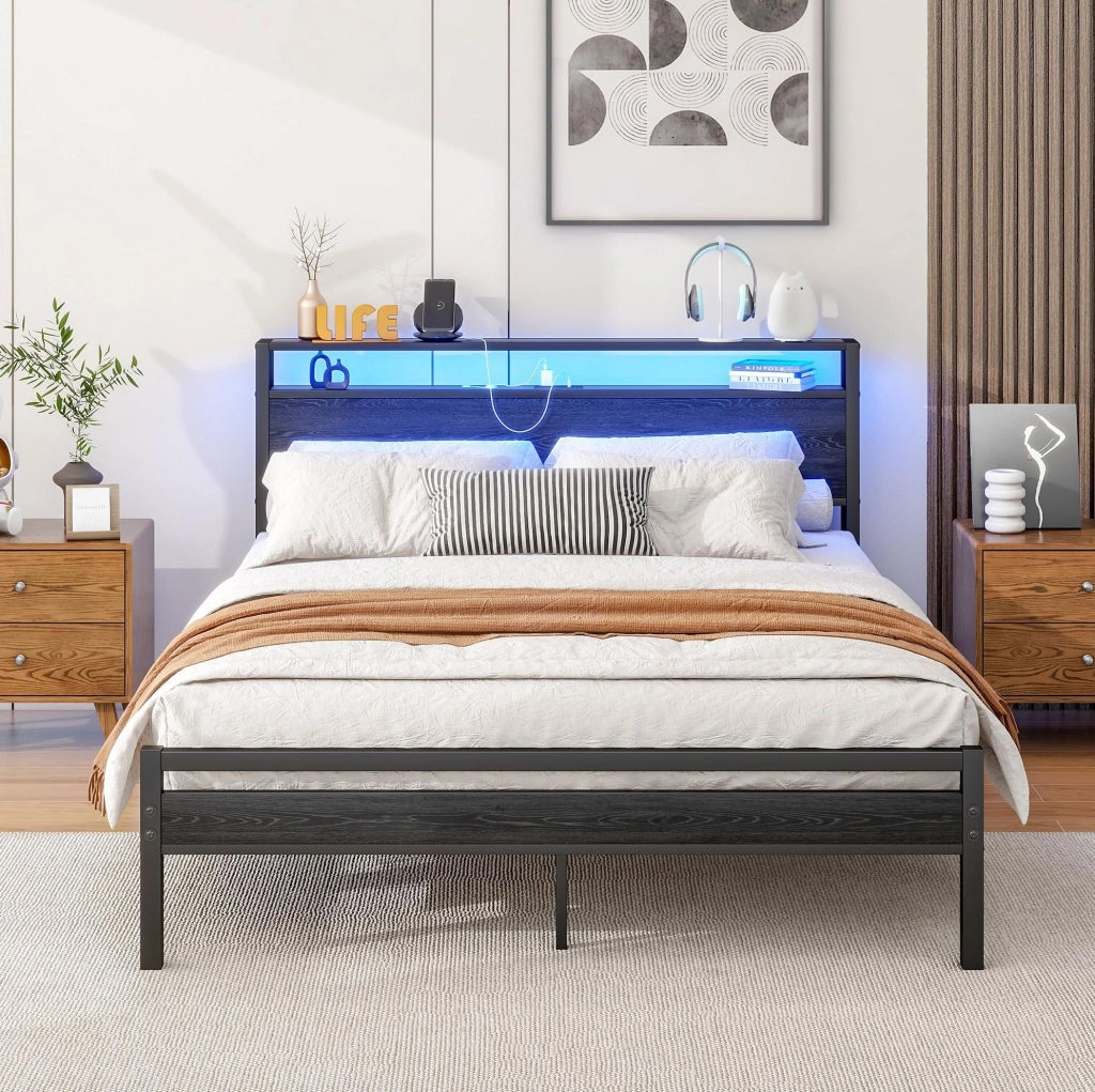 Letto 140x200 con contenitore e USB in MDF e metallo nero