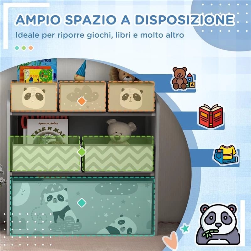 SCAFFALE PORTAGIOCHI PER BAMBINI CON 6 CONTENITORI RIMOVIBILI IN TESSUTO 63X30X66  CM GRIGIO