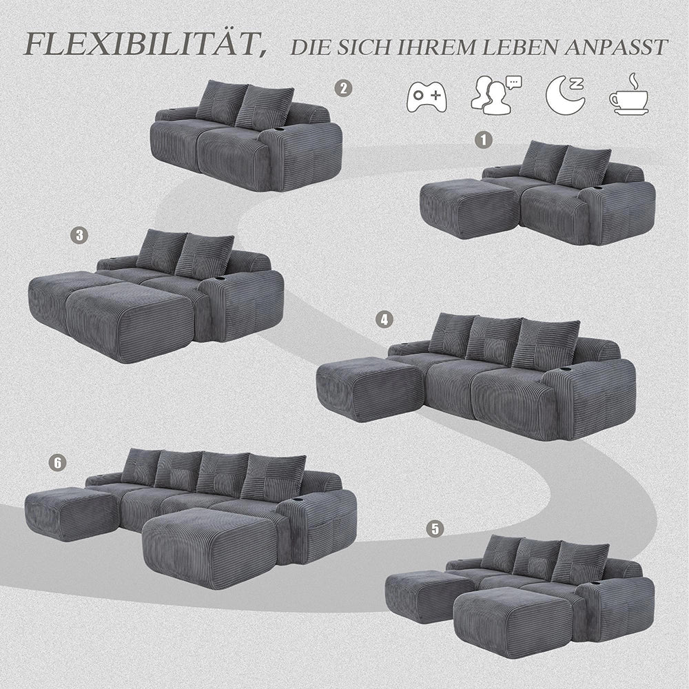 Canap¨¦ modulaire in velluto costato per 4 persone - Xylo - 2 sgabelli, porta-bevande, tascone laterale