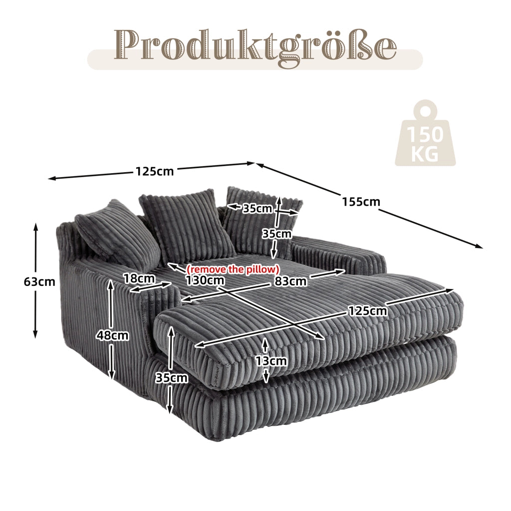 Chaise Longue da Interno 1 Posto con 3 Cuscini; Senza Montaggio; Seduta Ergonomica in Velluto a Coste Grigio Scuro
