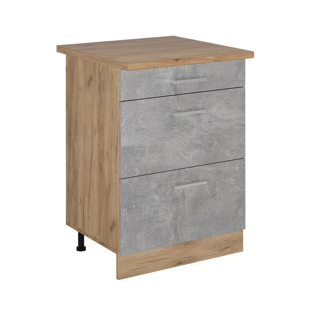 Vicco Mobiletto base per cucina Calcestruzzo 60 cm con cassetti, PL Rovere
