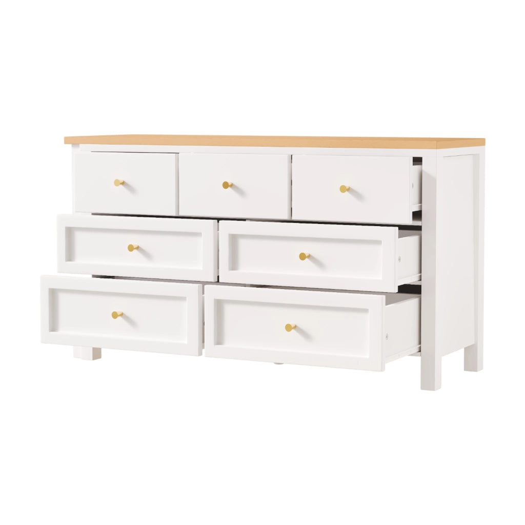 Scrivania girevole 120x40x70 cm con 7 cassetti; piano 360° in truciolare bianco e naturale