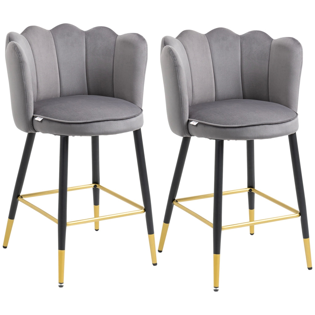 Set da 2 Sgabelli da Bar Vellutati con Poggiapiedi e Base in acciaio, 59x52x90cm, Grigio
