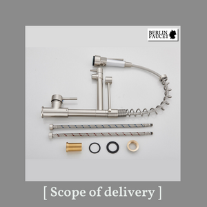 Bjorn | Rubinetto da parete gastronomia oro lucido Rubinetto cucina professionale in acciaio inox con due doccette|doppio lavello da parete ristorante