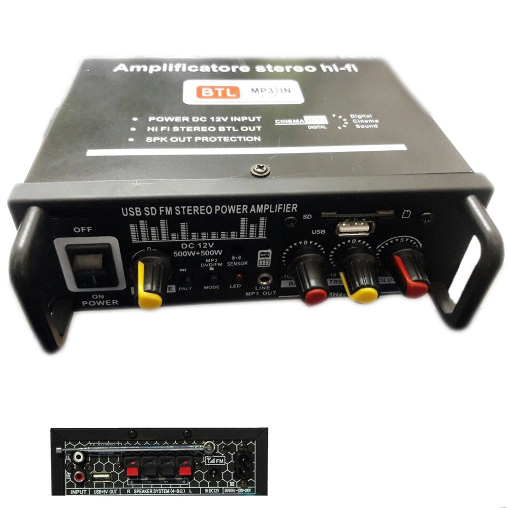 Trade Shop - Amplificatore Audio 12v 220v Usb Sd Mp3 Radio Fm Casa Auto 2 O 4 Ch 1000w Btl -