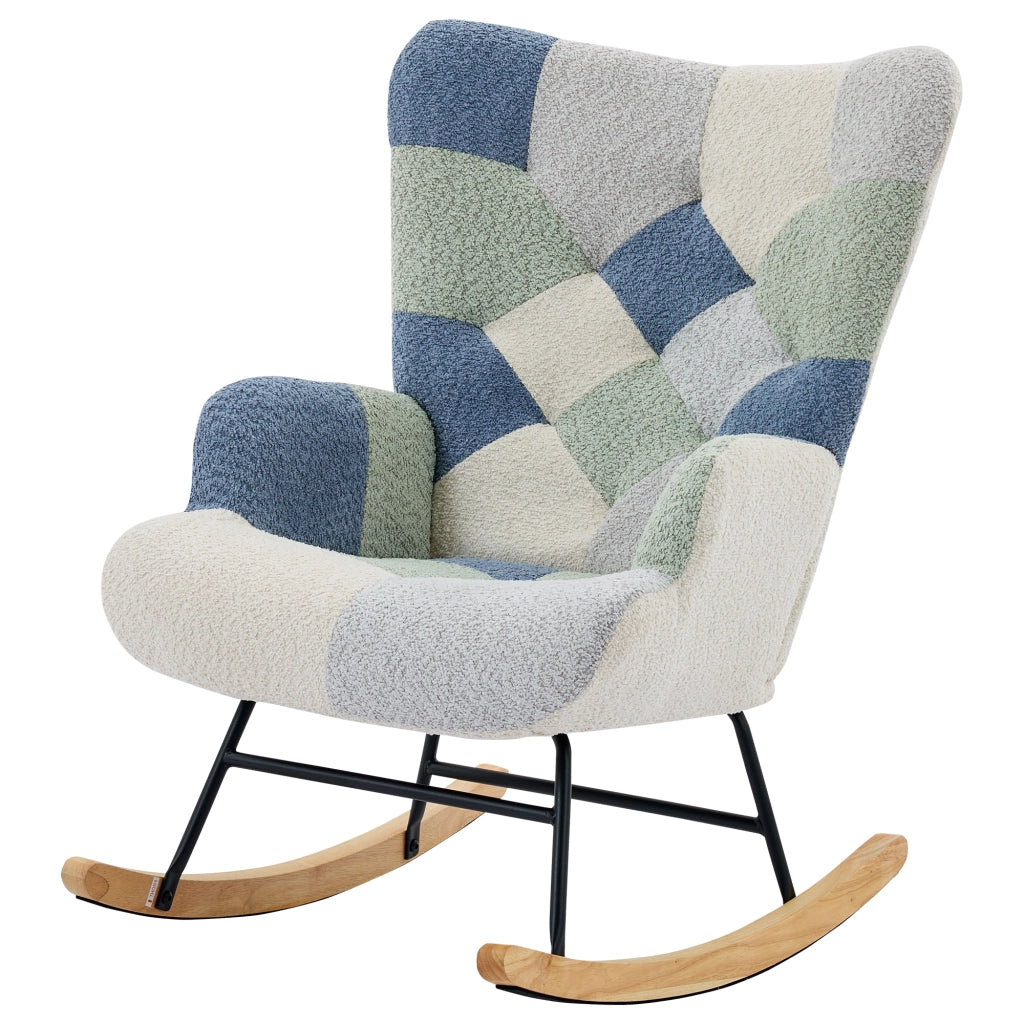 Poltrona a Dondolo con Pouf 122x68x91 cm Beige e Blu Pied-de-Poule; Portata 110 kg