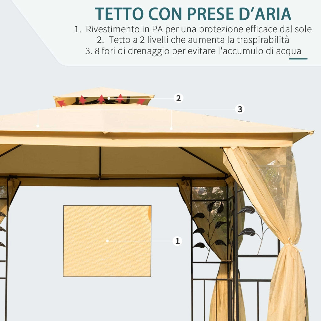 Gazebo da Giardino 3x3m ¨C Xylo ¨C con Zanzariera, Telaio in Acciaio, Doppio Tettuccio, Beige