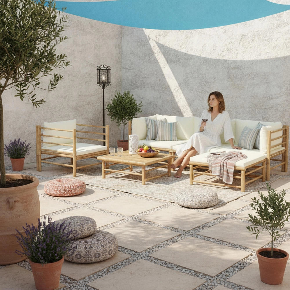 6-piece Garden Lounge Set With Cream-white Bamboo Cushions