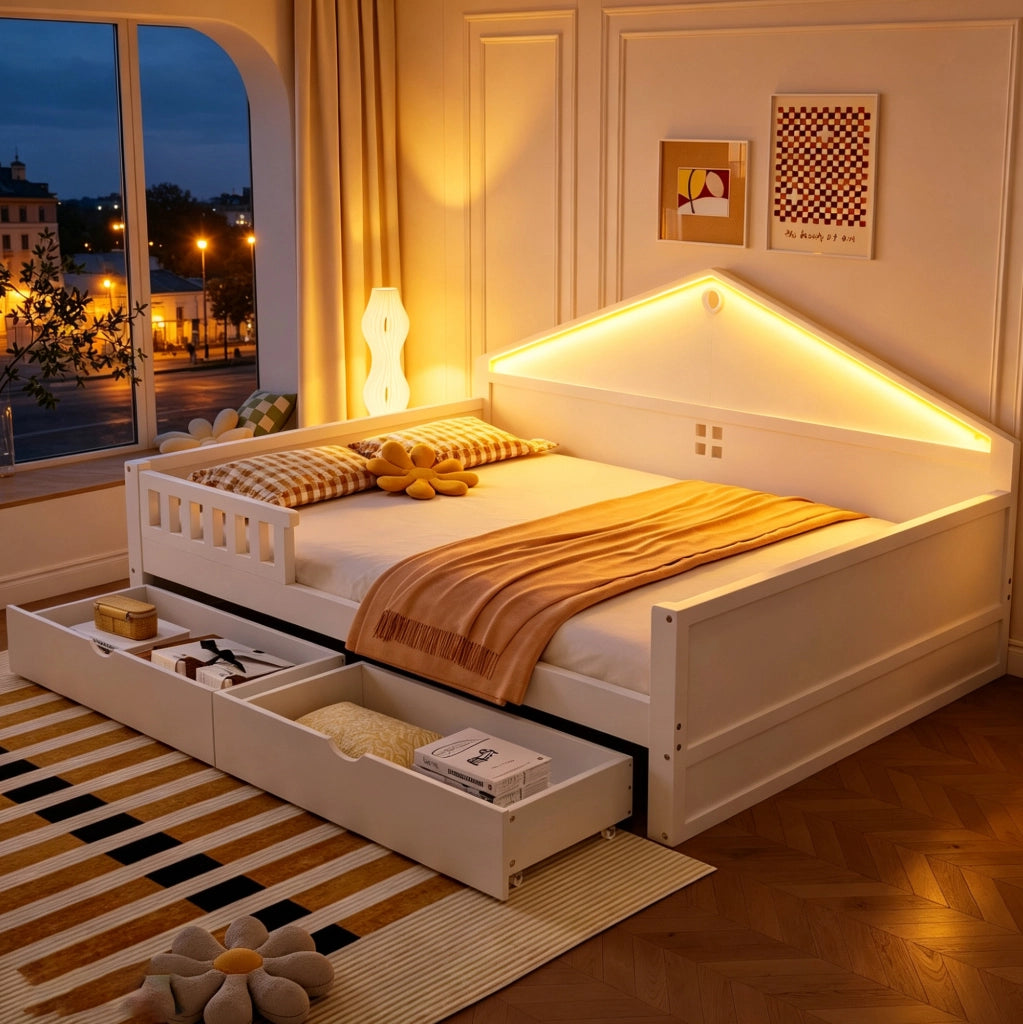 Letto ULEVR 140x200 cm con LED controllabile via smartphone e 2 cassetti, bianco