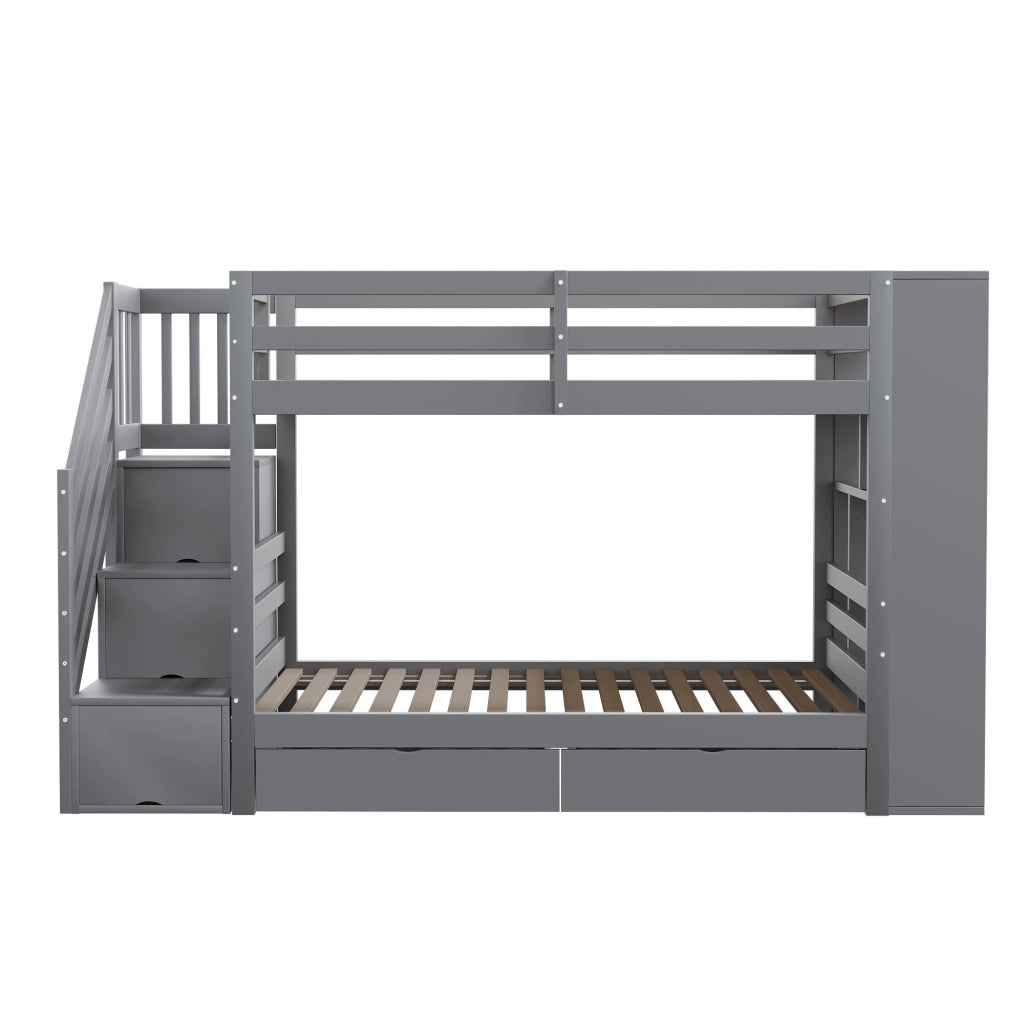 Letto a Castello 90x200 cm; Letto Singolo con Cassetti e Armadi; Scaletta; Grigio