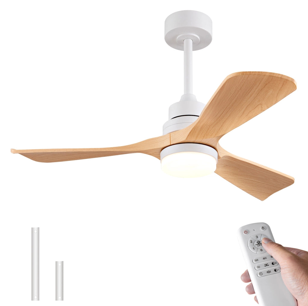 Ventilatore da soffitto 42 pollici con luce LED; 3 pale in ABS bianco e naturale; telecomando