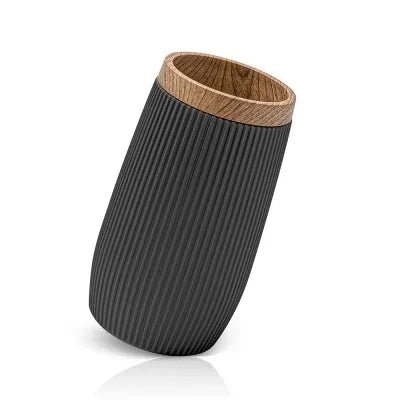 Set accessori bagno con dispenser e portaspazzolini nero cannettato ed effetto legno Blob