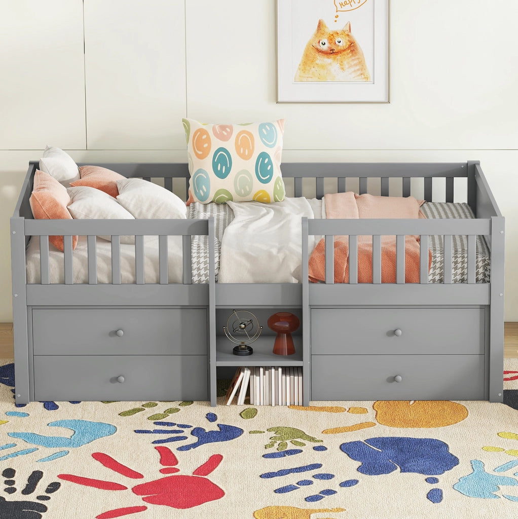 Letto semidivano 90x200 cm con 4 cassetti; sponde di sicurezza e scala; grigio