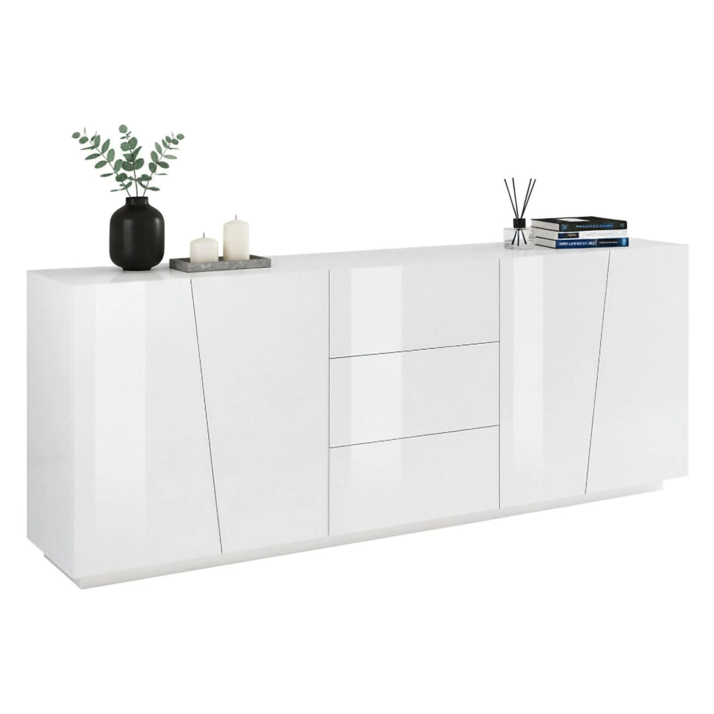 Credenza moderna a 4 ante e 3 Ayrton, Made in Italy, Madia da cucina, Buffet di design da soggiorno, cm 220x43h86, Bianco lucido