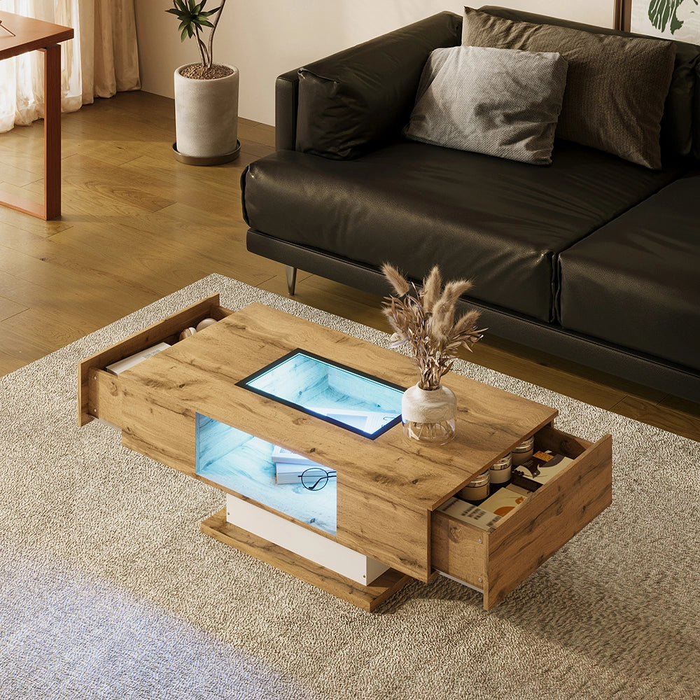 Tavolino da salotto con luce LED - Xylo - Due cassetti in vetro