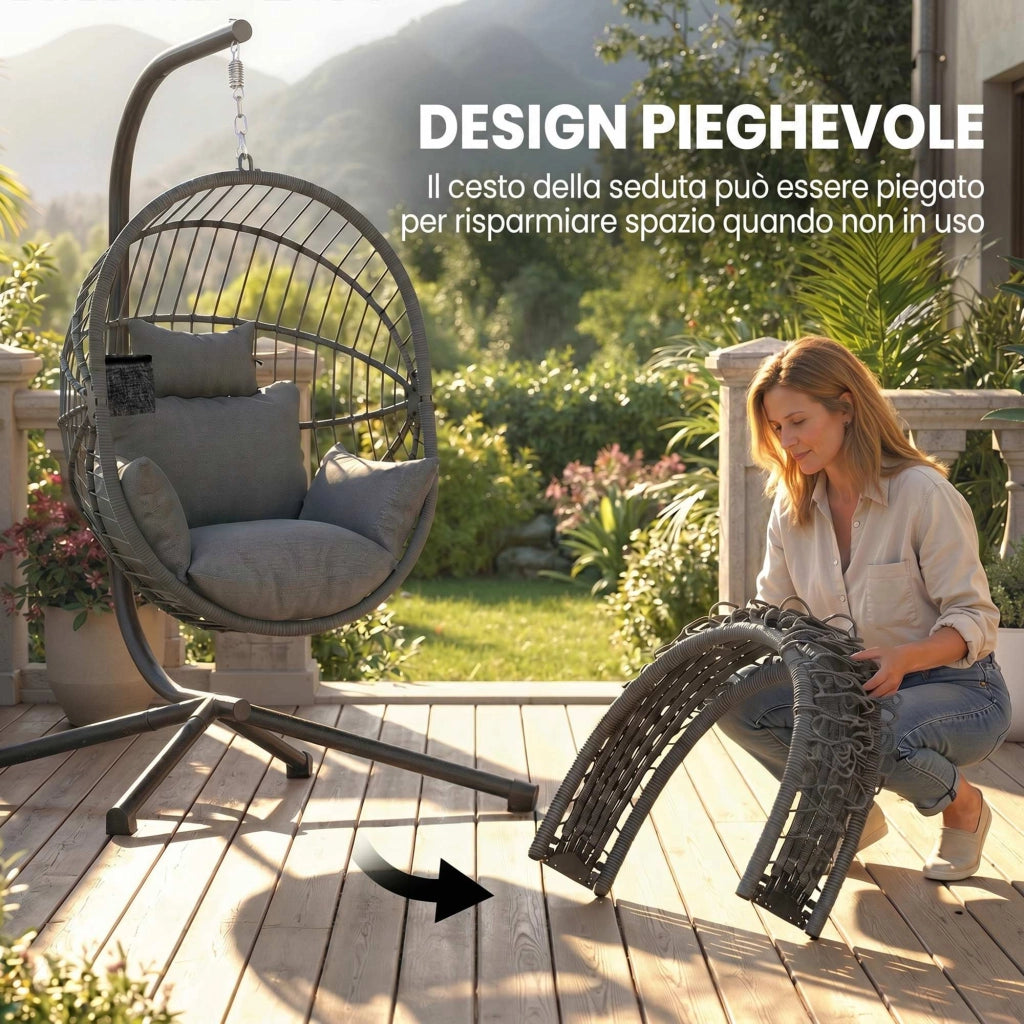 Poltrona Sospesa a Uovo con Cuscino Imbottito e Cesto Pieghevole, 120x106x188 cm, Grigio