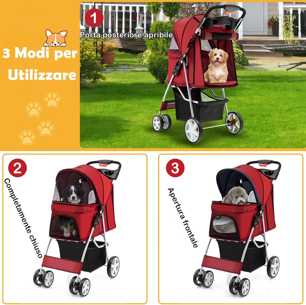 Passeggino per Cani, Carrozzina per Cani Pieghevole Fino a 15 kg, 4 Ruote con Finestra a Rete Porta Bicchiere e Cesto, Passeggino Portatile per Animali Piccola e Media (Rosso)