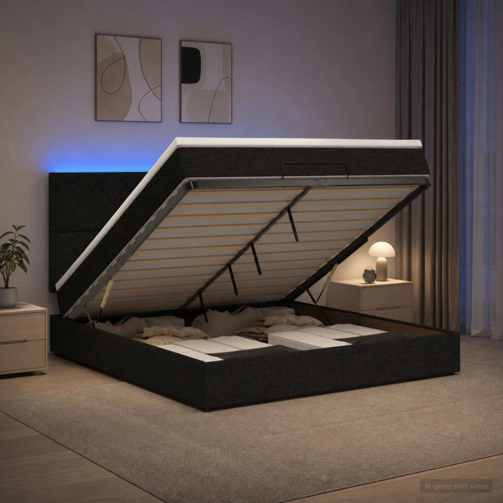Letto Ottomano con Materasso e LED Nero 140 x 190 cm Tessuto 3458071