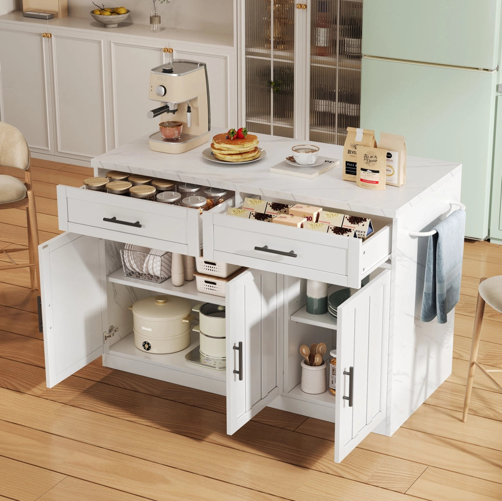 Isola cucina 120x60x91 cm con piano bar, prese e USB, 2 cassetti, 3 ante e ripiani regolabili