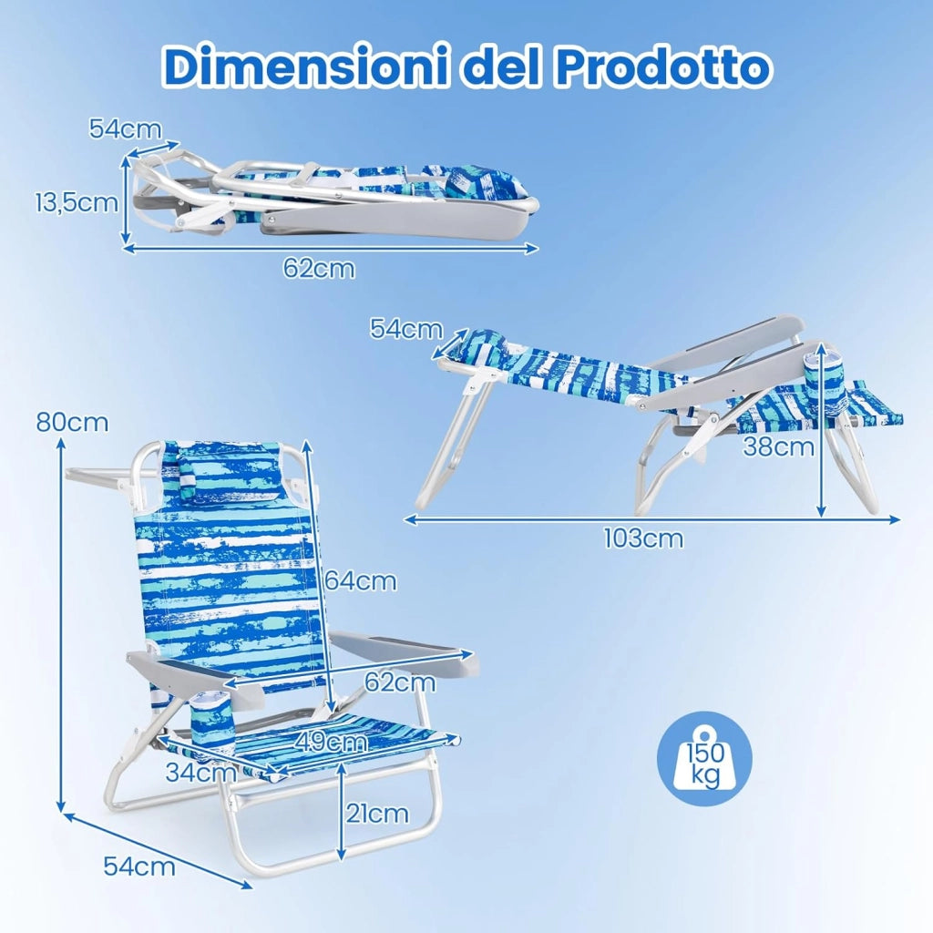 Set di 2 Sedie Pieghevole da Spiaggia, Lounge Sdraio con 5 Posizioni Regolabili, Poltrona da Mare con Cuscino, Porta Asciugamano, Braccioli & Portabicchieri, Portata 150 kg (Blu)
