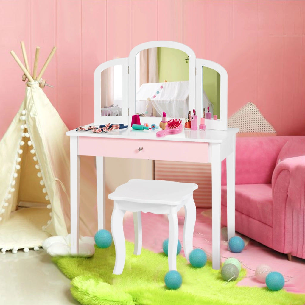 Set toeletta con con specchio tripartito e cassetto per bambini, Scrivania smontabile 2 in 1 per leggere Bianco-Toelette per bimbi