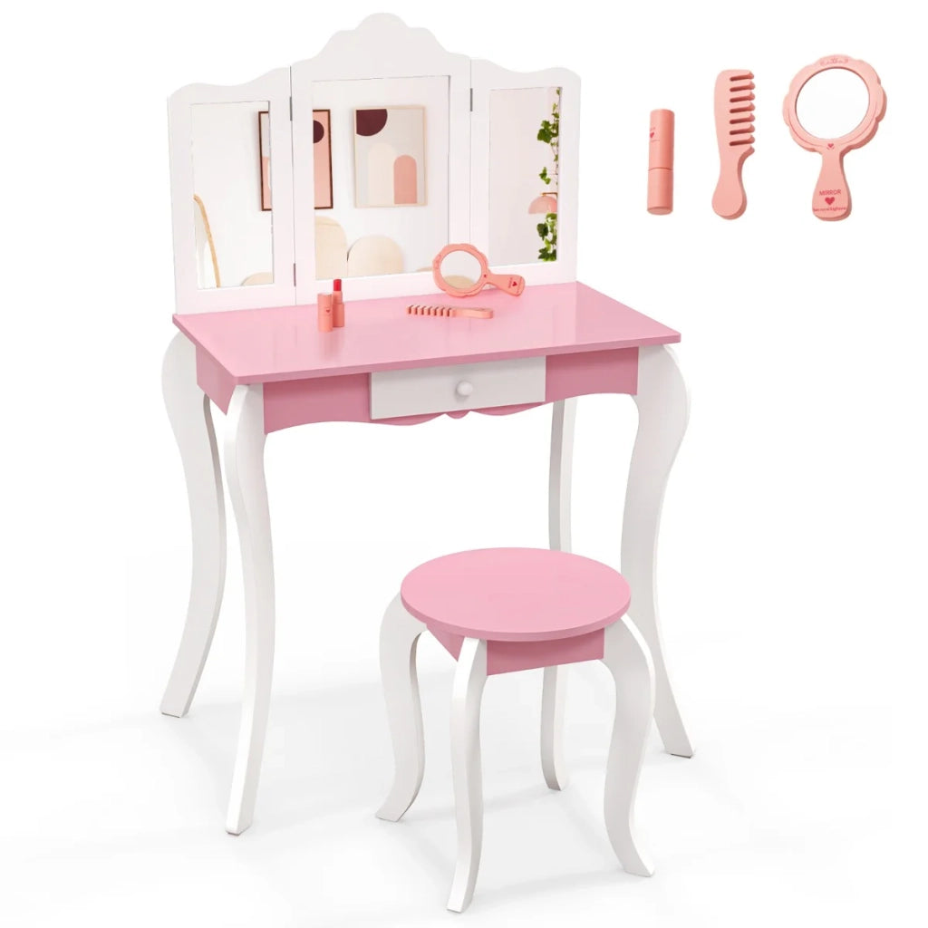 Set tavolo da toeletta e sgabello per bambini 66 x 42 x 100 cm con specchio pieghevole e pratico cassetto in MDF rosa e bianco 20_0020674