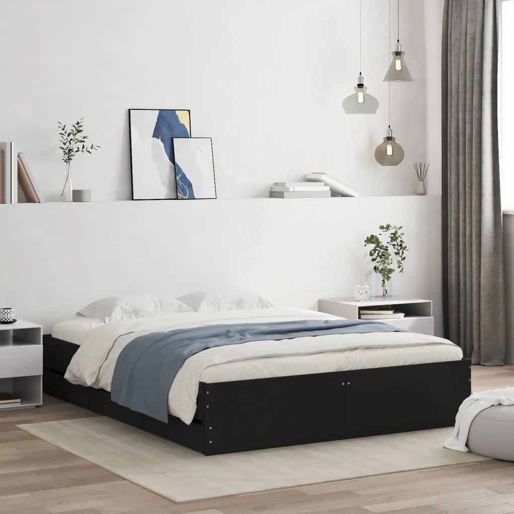 Letto matrimoniale | Letto per adulti | Giroletto con Cassetti Nero 150x200 cm in Legno Multistrato