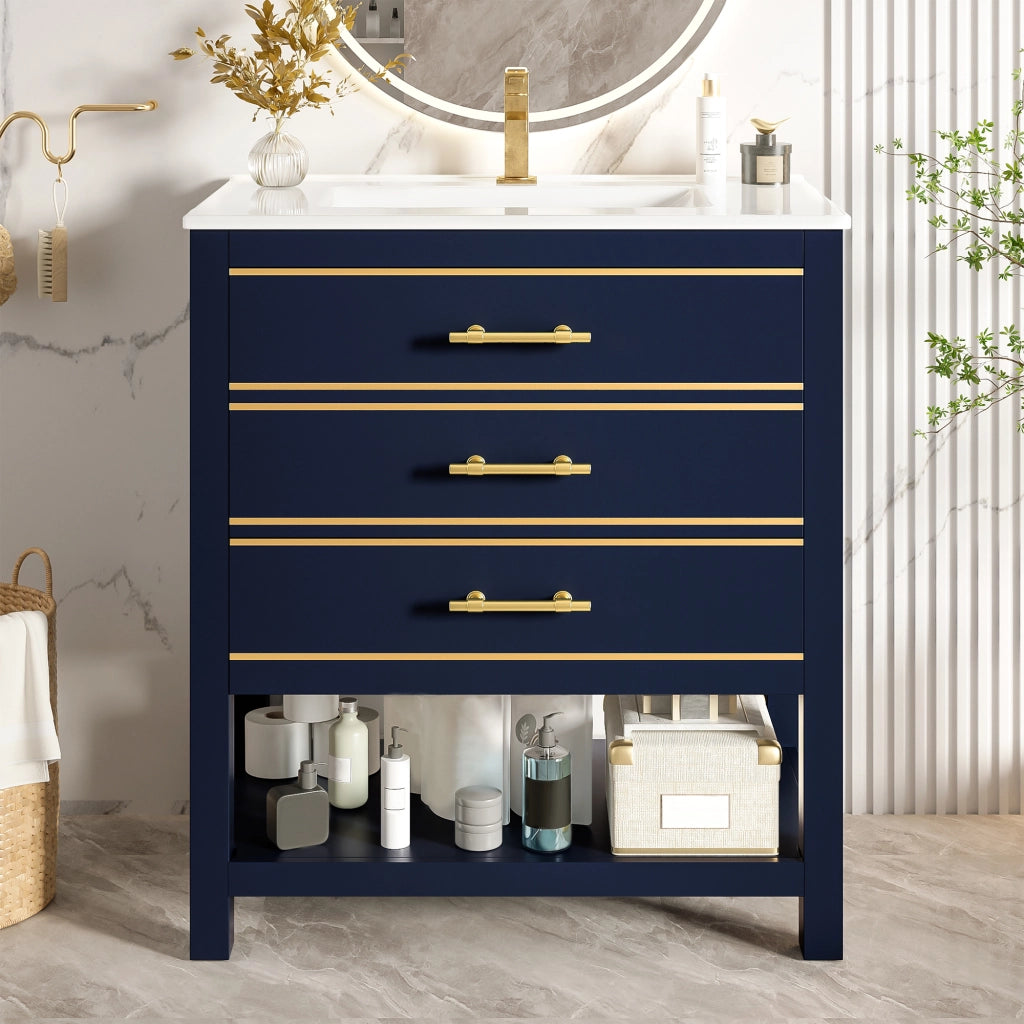 Mobile Bagno Sottolavabo con Lavabo in Ceramica ¨C MINIMAL ¨C 2 Cassetti, MDF Laccato, Maniglie Dorate