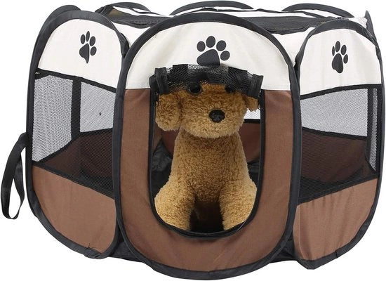 Recinzione per cani pieghevole per cuccioli - Scatola per cani trasportabile con copertura in rete - Per uso interno ed esterno - Colore caffè - 2677 x 17 cm