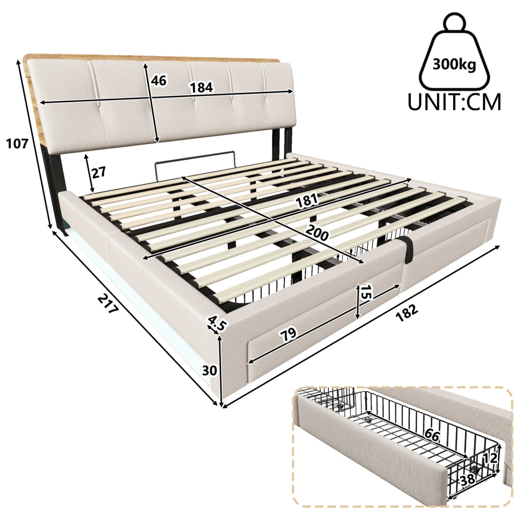Letto matrimoniale imbottito 180x200 cm in lino beige con contenitore; USB e LED