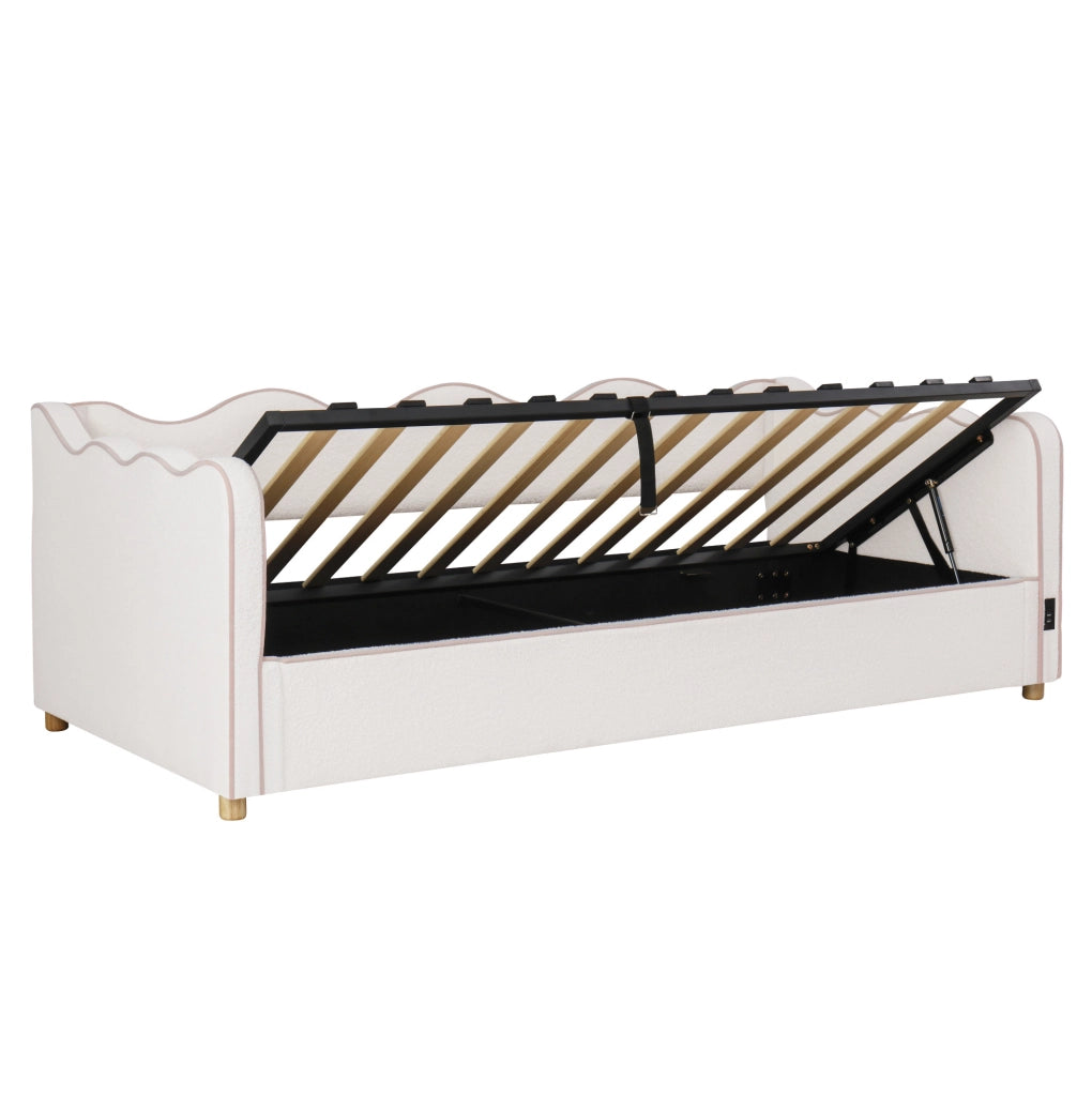 Letto 90x200 cm con contenitore idraulico; USB C; bouclé beige