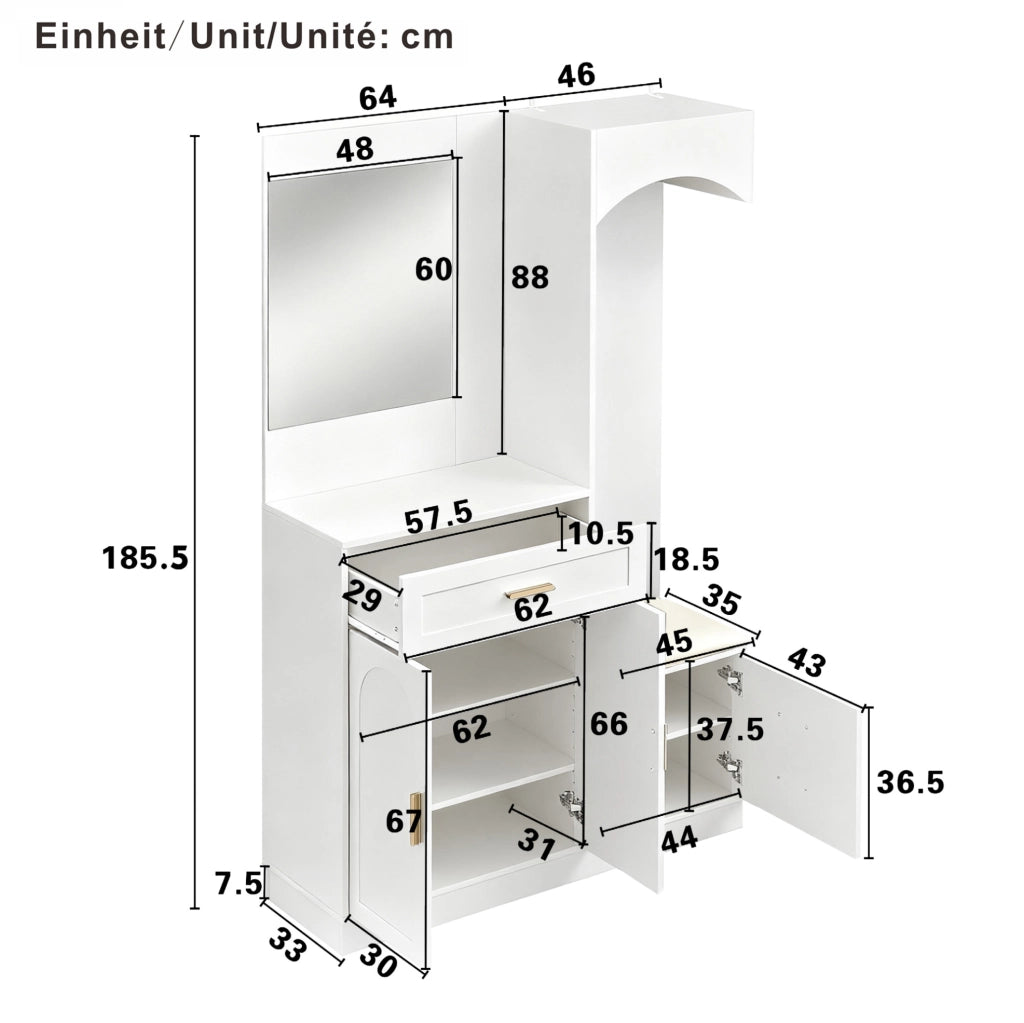 Mobile da ingresso compatto 110x33x185，5 cm bianco in MDF con specchio e panca