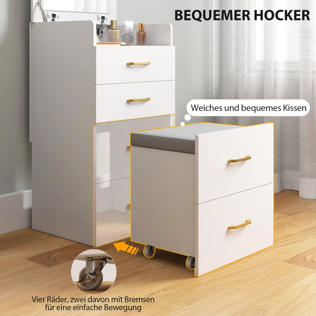 Tavolino trucco 3 in 1 con specchio, cassettiera e sgabello ¨C zephmum ¨C bianco