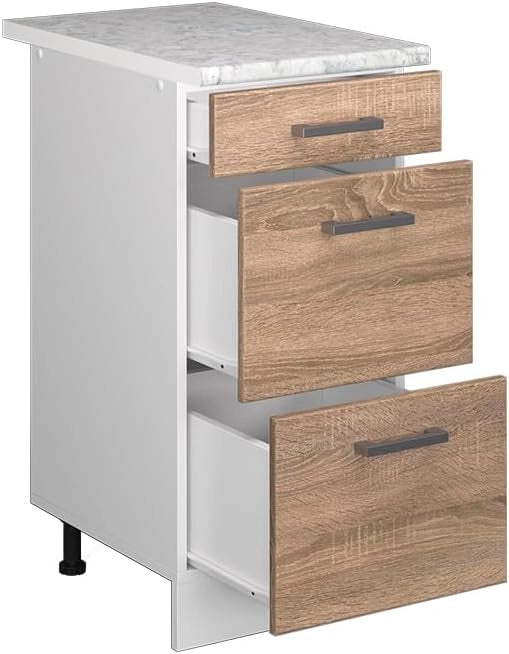 Mobiletto base per cucina R-Line, Sonoma, 40 cm con cassetti PL Marmo, per la libera combinazione all'interno di sistemi cucina modulari