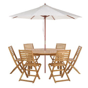 Set da pranzo da giardino in 6 posti Tavolo rotondo in legno di acacia chiaro pieghevoli con ombrellone