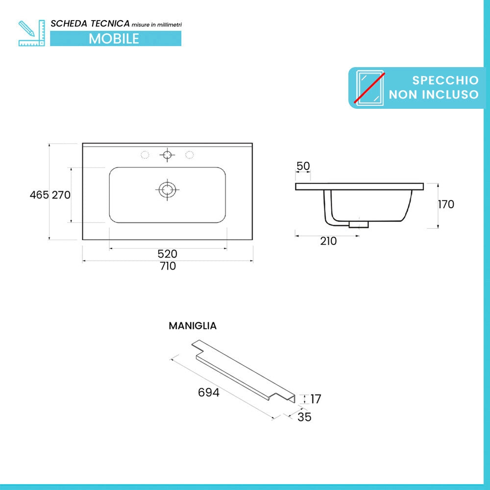 Mobile bagno sospeso 70 cm cappuccino cannettato con cassetto e lavabo Nara
