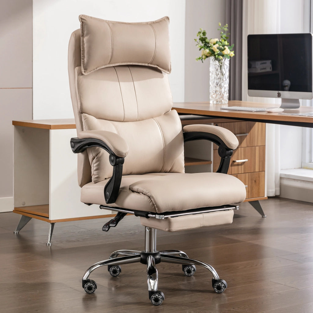 Chaise de bureau ergonomica girevole con supporto lombare regolabile e poggiapiedi in tessuto tecnico beige