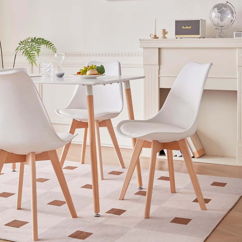 GrandCA HOME Set di 4 Sedie da Pranzo con Gamba in Faggio Massello, Design Retrò, Sedia Imbottita, Sedia da Cucina, in Legno,Bianco