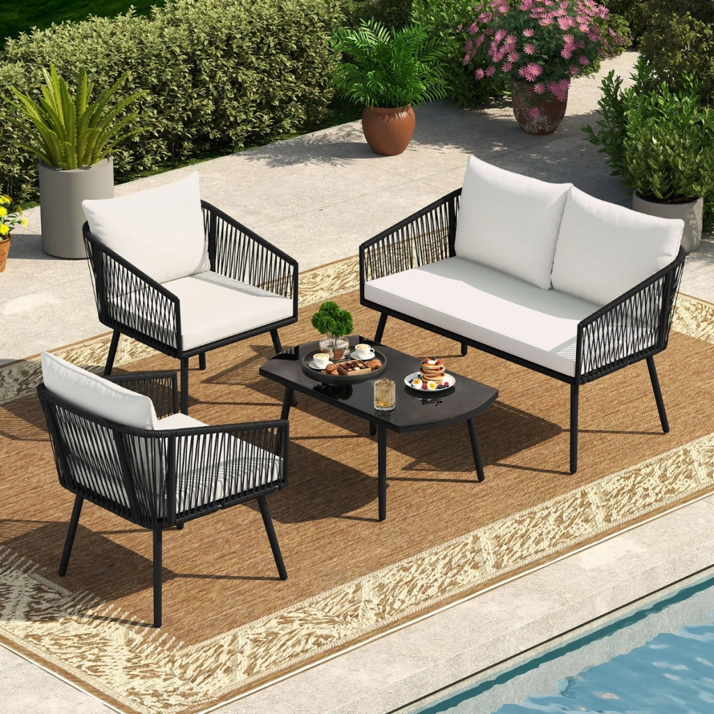 Set bistr¨° da conversazione in corda PE intrecciata con cuscini e tavolino-Set di mobili da giardino a 4 pezzi in vetro temperato Nero