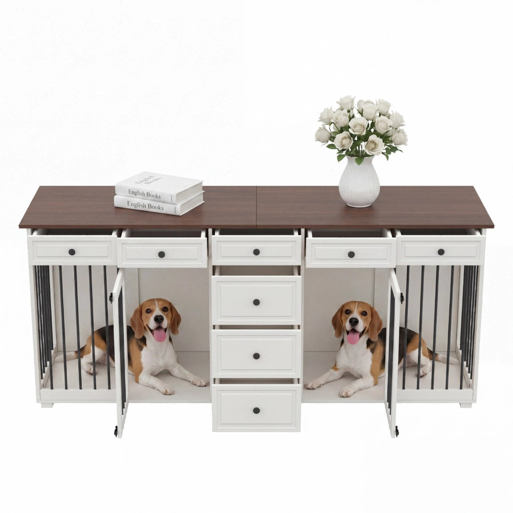 Mobiliario per cani da interno con 8 cassetti, struttura in MDF e metallo, 200 x 60 x 85 cm, bianco e piano noce