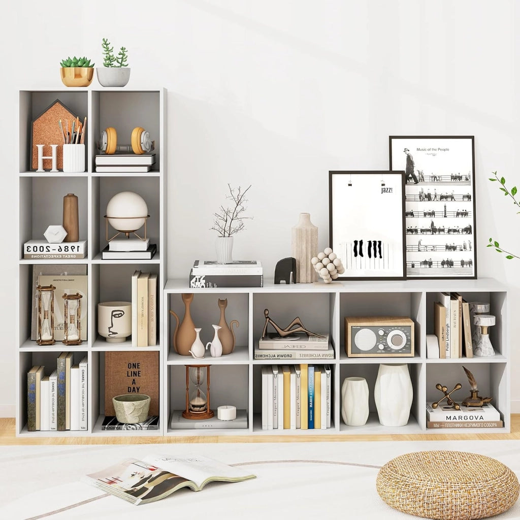 Libreria Scaffale con 8 Cubi, Libreria Legno con 2 Dispositivi Antiribaltamento, Mobile Contenitore per Soggiorno, Camera da Letto, Ufficio, 121,5 x 29 x 61 cm (Bianco)