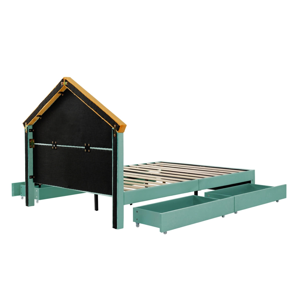 Letto per bambini 140x200 cm con 4 cassetti in velluto blu verde