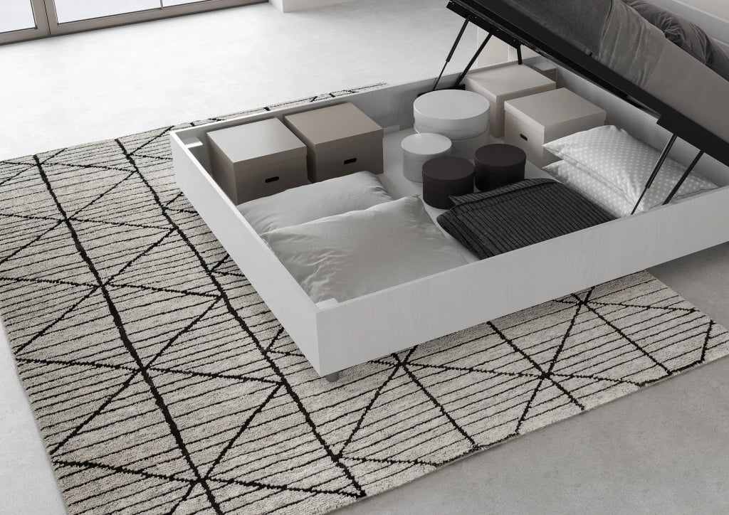 Letto Matrimoniale Francese 140x190 cm con Rete e Contenitore Demas Testata Inclinata Bianco Frassino