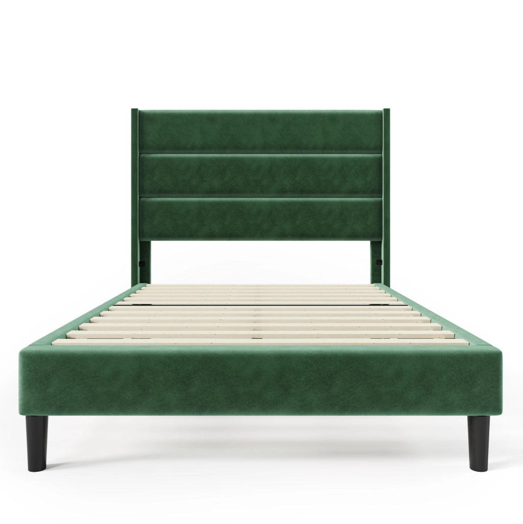Letto imbottito 90x200 cm con rete a doghe e testiera in velluto verde scuro
