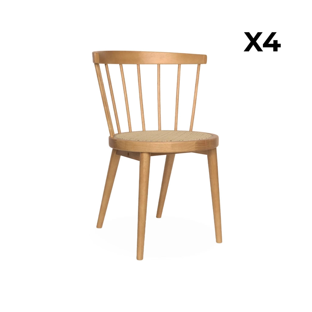 Set di 4 sedie in legno e paglia, marrone naturale