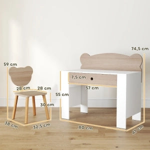 Set scrivania per bambini con sedia, cassetto e schienale a forma di orso, in legno naturale