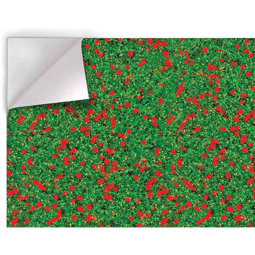 ERBA CON FIORI ROSSI - Pellicola stampata adesiva in PVC finitura opaca Misura: 100x300 cm