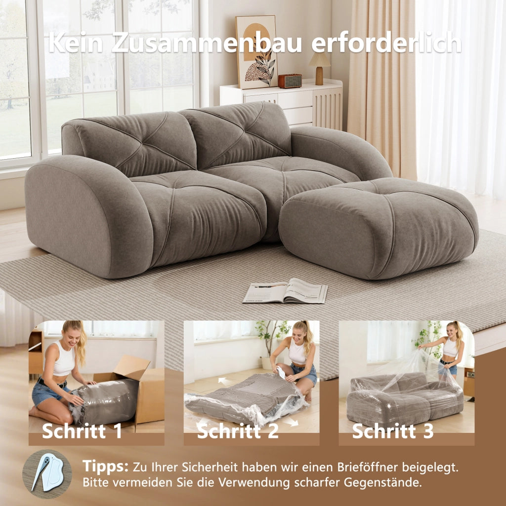 Divano modulare a 2 posti con pouf in chenille, schiuma 32D ad alta densità, design antiscivolo, taupe