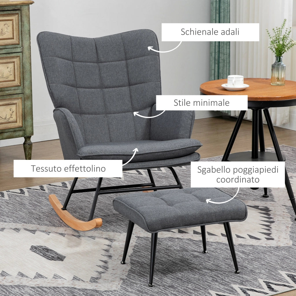 Sedia a Dondolo con Pouf in Tessuto ¨C Zephmum ¨C Grigio, Legno, 130 kg