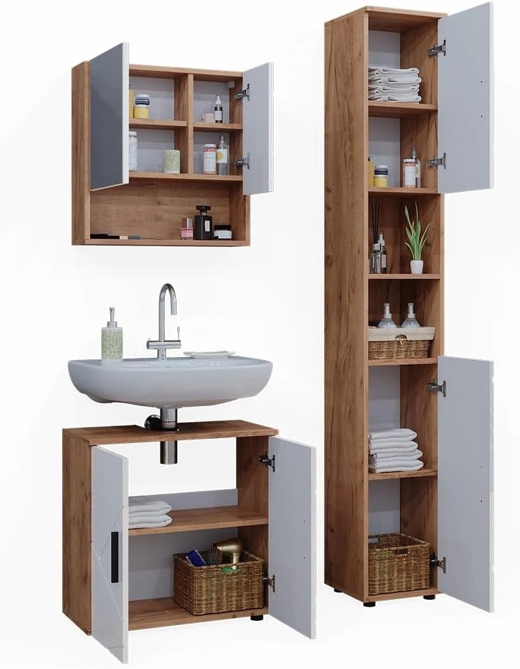 Set di mobili da bagno Irma, Bianco lucido/oro power oak, 80 cm, composto da mobile sottolavabo, specchiera e colonna alta